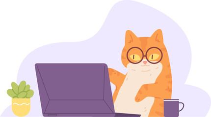 Poster - Cat laptop. Serious kitten in glasses keyboard work notebook with cofee, funny adorable animal computer worker hacker programmer, pc artwork cute pet character vector illustration