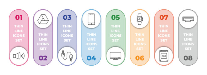 Poster - electronic devices infographic element with outline icons and 8 step or option. electronic devices icons such as speakers, drive, sound cable, phones, television, smartwatch, ssd, hdmi vector.
