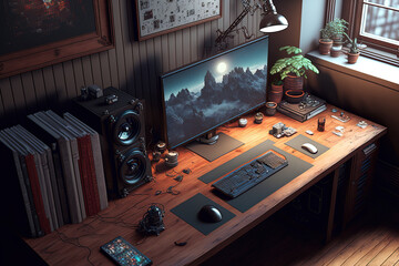 Poster - Workspace with loft desk, workspace, and faux desktop computer. Generative AI