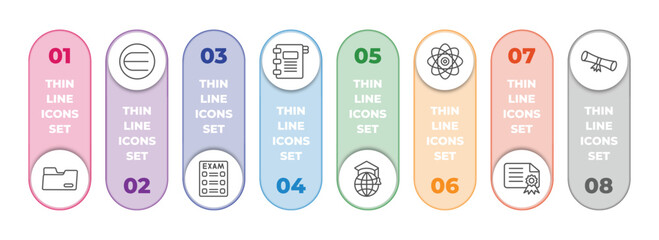 Poster - education infographic element with outline icons and 8 step or option. education icons such as black folder, is an element of, final test, agenda with bookmarks, international graduate, photon,
