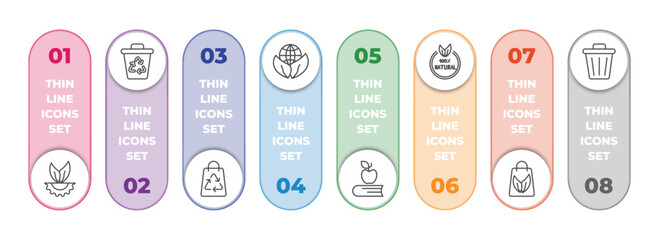 Poster - ecology infographic element with outline icons and 8 step or option. ecology icons such as eco industry, recycle bin, recycled bag, sustainability, and books, 100 % natural badge, eco bag, dust bin