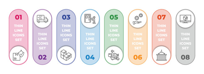 Poster - delivery and logistic infographic element with outline icons and 8 step or option. delivery and logistic icons such as logistic protection, transportation, packages, delivery to the door, by
