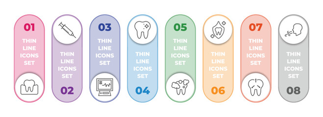 Poster - dentist infographic element with outline icons and 8 step or option. dentist icons such as occlusal, empty syringe, ekg monitor, dentist, tooth cleaning, dental protection, intraoral, breath vector.