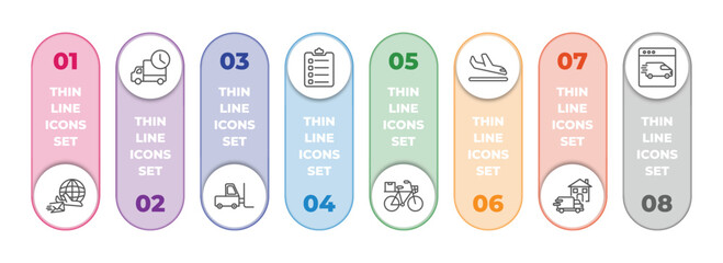 Poster - delivery and logistic infographic element with outline icons and 8 step or option. delivery and logistic icons such as air mail, mind eraser drink, forklift, clipboard, delivery by bike, arrival,