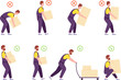 Weights handling. Safety ergonomic posture of back for carry or push heavy goods, manual correctly incorrect work lifting loads loadman infographics splendid vector illustration