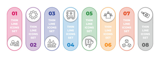 Wall Mural - cryptocurrency infographic element with outline icons and 8 step or option. cryptocurrency icons such as economist, function, fluctuation, strongbox, proof of stake, meeting, blockchain, dollar tag