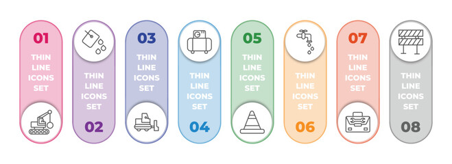 Poster - construction infographic element with outline icons and 8 step or option. construction icons such as derrick with ball, paint bucket, little snowplow, air compressor, road stopper, stopcock, tool
