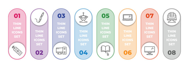 Poster - computer infographic element with outline icons and 8 step or option. computer icons such as tv controller, 3d printing pen, work station, robotics, book and computer mouse, laptop screen, monitor,