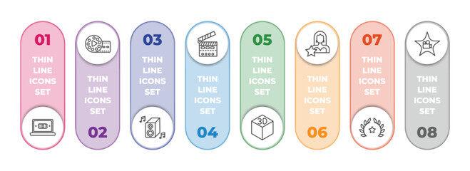 Poster - cinema infographic element with outline icons and 8 step or option. cinema icons such as buy tickets online, film reel playing, loud woofer box, cinema flapper, 3d, actress, film award, celebrity