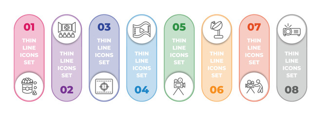 Poster - cinema infographic element with outline icons and 8 step or option. cinema icons such as popcorn bag, cinema audience, movie countdown, big play button, movie camera, satellite tv dish, cameraman,