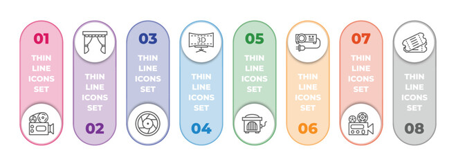 Aufkleber - cinema infographic element with outline icons and 8 step or option. cinema icons such as old projector, cinema curtain, camera lens, 3 dimension screen, hurdy gurdy, projector with plug, film