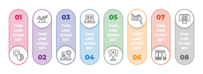 Poster - business and analytics infographic element with outline icons and 8 step or option. business and analytics icons such as value chart, dot, data analytics, laptop profits graphics, achievement,