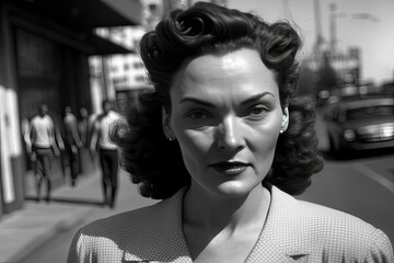 young woman walking in Los Angeles in 1950. monochromatic vintage. This image was created with generative AI,