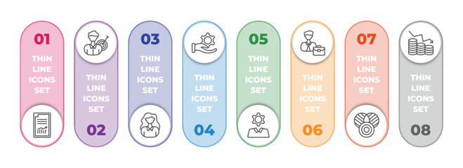 Poster - business and finance infographic element with outline icons and 8 step or option. business and finance icons such as printing documents, businessman analysis, businesswoman, revenue, business