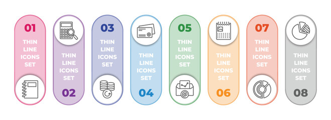 Poster - business and finance infographic element with outline icons and 8 step or option. business and finance icons such as workbook, supplies, money back, business card, email analytics, wall calendar,