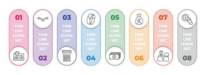 Poster - business infographic element with outline icons and 8 step or option. business icons such as laptop analysis, two way arrows, calculator maths tool, quarter pie chart, american dollar bill, euro