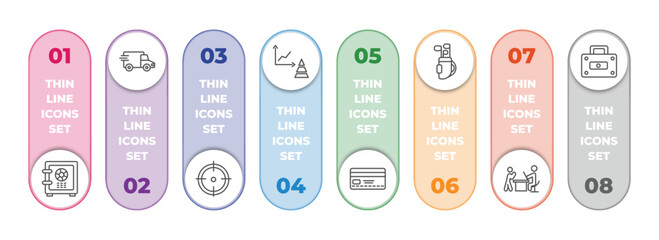 Poster - business infographic element with outline icons and 8 step or option. business icons such as big safe, logistic, target, graphs, banking card, golf sticks, boss reading a document, rectangular