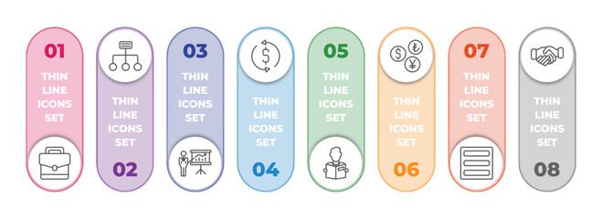 Poster - business infographic element with outline icons and 8 step or option. business icons such as business briefcase, structure, graphic panel and man, money convert, reader, currencies, basic burger,
