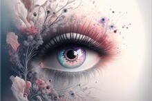  A Close Up Of A Person's Eye With Flowers And Leaves Around It And A Pink Flower In The Center Of The Eye And A White Background With Blue And Pink Flowers On The Bottom. Generative Ai Generative Ai