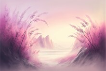  A Painting Of A Pink Landscape With A River And Mountains In The Background With A Pink Sky And Water In The Foreground With A Pink Haze And White Border With A Few Pink Flowers. Generative Ai