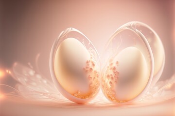  a close up of two eggs on a table with a light background and a blurry background behind it, with a light colored background and a light effect to the middle one of the. generative ai generative ai