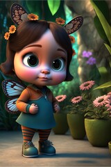 Wall Mural -  a cartoon character with a butterfly on her head and a blue dress and boots, standing in a garden with flowers and plants, and a green background of pink and yellow and purple flowers. generative ai