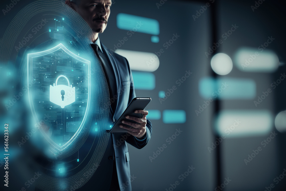 Businessman holding a Shield with a padlock in his hand on a global ...