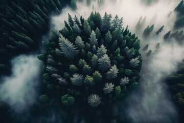 Wall Mural - Beautiful foggy dark green forest, top view, aerial photography. Fantasy forest landscape. AI