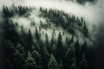 Wall Mural - Beautiful foggy dark green forest, top view, aerial photography. Fantasy forest landscape. AI