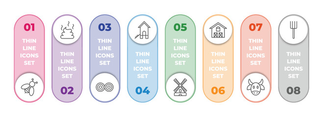 agriculture farming infographic element with outline icons and 8 step or option. agriculture farming icons such as bees, manure, hay bale, chicken coop, flour mill, farm house, ox, pitchfork vector.