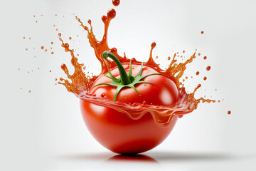 Wall Mural - Close up red delicious fresh tomato with splashing tomato juice on white background. Food photography. With clipping path. Full depth of field.