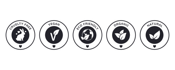 icon set for cosmetic packages, cruelty free, vegan, eco friendly, organic, natural signs