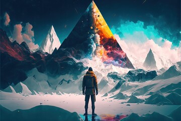 illustration numérique d'une personne de dos devant une grande montagne colorée fantastique avec de la neige