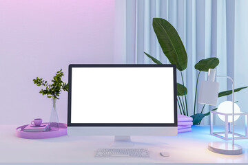 Poster - Creative designer office desktop with empty white computer screen, decorative plant and other objects. Mock up, 3D Rendering.