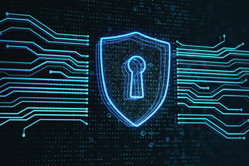Poster - Personal data and antivirus concept with digital shield with keyhole symbol between computer microcircuit wires on dark technological background. 3D rendering