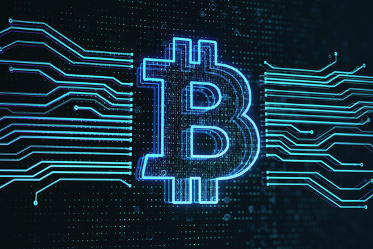 Cryptocurrency, digital money transfer and investment concept with blue glowing graphic bitcoin symbol between computer microcircuit wires on abstract dark technological background. 3D rendering