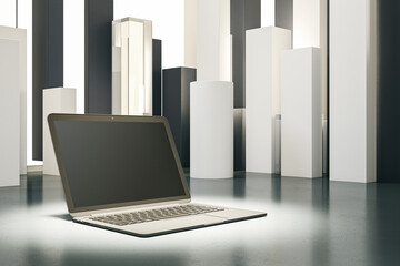 Poster - Close up of laptop computer in spotlight and with empty mock up screen, placed on abstract geometric background. Product and device presentation concept. 3D Rendering.