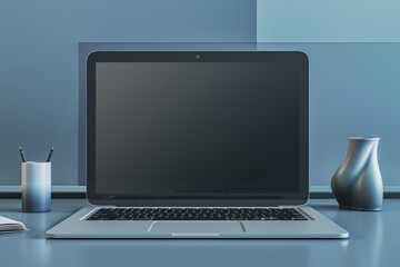 Poster - Close up of empty laptop on blue office desktop with supplies and mock up place. Workspace concept. 3D Rendering.