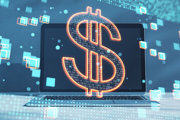 Poster - Close up of laptop with glowing dollar sign on blurry desktop. Finance, trade and money transfer concept. Double exposure.