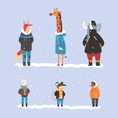 Canvas Print - Set animals in warm winter clothes. Fox, giraffe, elephant, rabbit, mouse, hedgehog walking outdoors in cold weather cartoon vector