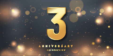 Wall Mural - 3rd Year anniversary celebration background. 3D Golden number with Shiny Glitter lights In black dark night background.