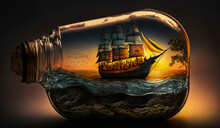 A Vintage Sailing Ship Enclosed In An Irregular Shaped Glass Bottle, On A Black Background And With The Dreamy Twilight Of A Sunset Over The Ocean. Perfect For Adding Whimsy To Any Graphic Piece.