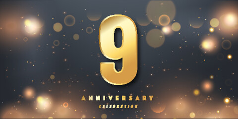 Wall Mural - 9th Year anniversary celebration background. 3D Golden number with Shiny Glitter lights In black dark night background.