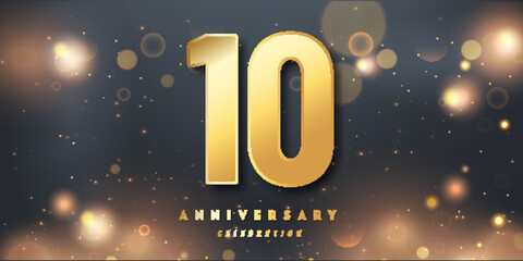 Wall Mural - 10th Year anniversary celebration background. 3D Golden number with Shiny Glitter lights In black dark night background.