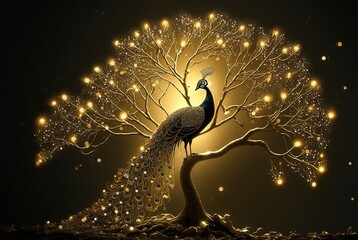 Wall Mural - gold feather peacock bird on golden leaves tree, idea for prosperity and power symbol  Generative Ai