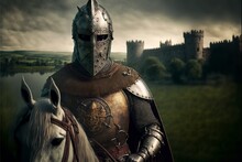 Landscape Medieval Knight In Armor And Castle In Background. AI Digital Illustration