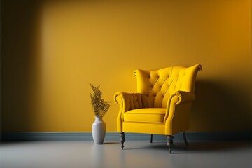 Yellow armchair with potted plant on the side, empty yellow wall in the background. AI digital illustration