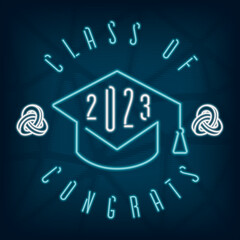 Wall Mural - Class of 2023 Logo with Neon Sign Style Square Academic Graduation Cap Single Line Numerals and Lettering - Turquoise on Dark Background - Gradient Graphic Design