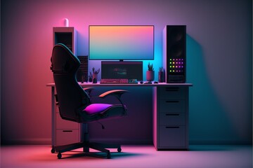 Illustration of futuristic gamer setup, computer and gamer chair, gradient background. AI