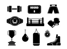 Set Of Silhouettes And Equipment Boxers. Vector Illustration Of Ring, Boxing Gloves, Shorts, Sneakers, Championship Belt, Cup, Scoreboard With Rounds, Punching Bags, Dumbbells On White Background.